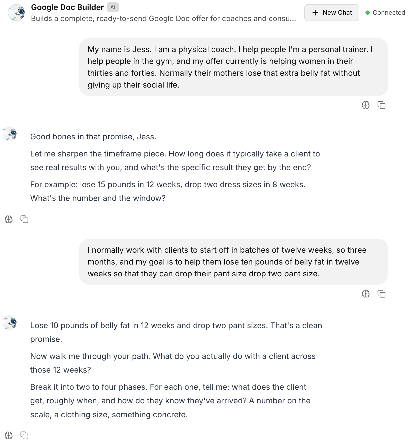Jess describes her business to the AI chat, and the AI asks her to sharpen the timeframe and result of her offer