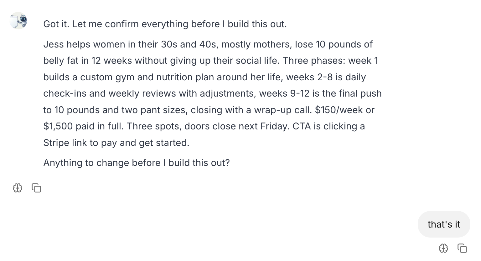 The AI summarizes the full offer back to Jess for confirmation before writing the final document