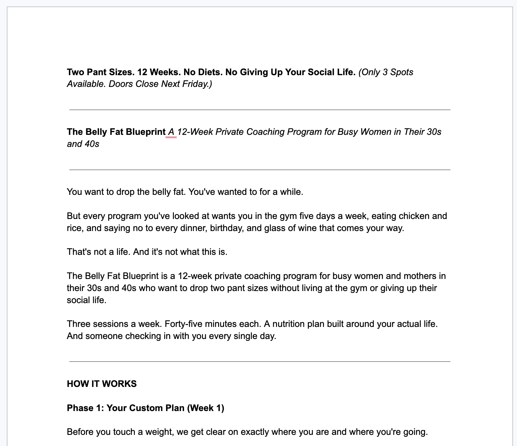 The finished offer document: Two Pant Sizes, 12 Weeks, No Diets, No Giving Up Your Social Life — a complete Belly Fat Blueprint offer
